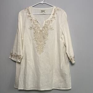 Norm Thompson Women's Linen Cotton Pullover Tunic White Embroidered Sz L